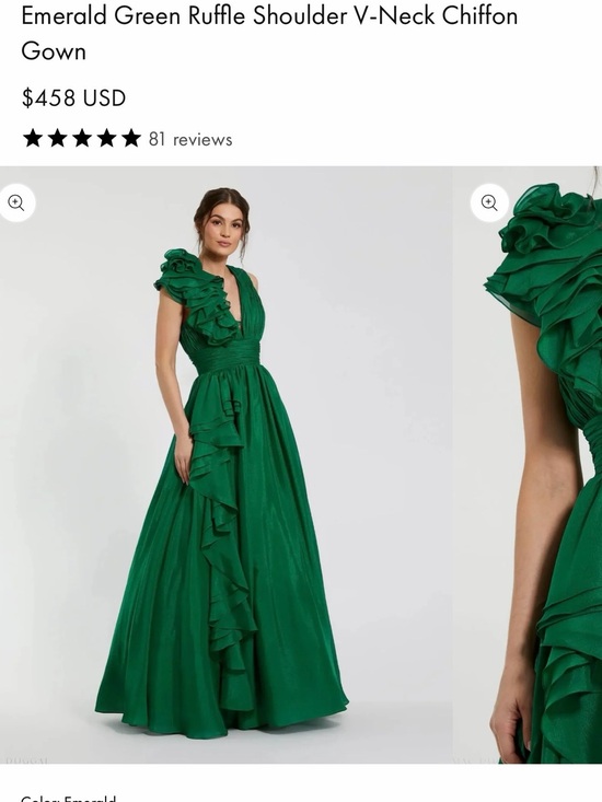 Mac Duggal Dresses & Skirts - Mac Duggal Emerald Green Ruffle Shoulder V-Neck Chiffon Gown Size 12